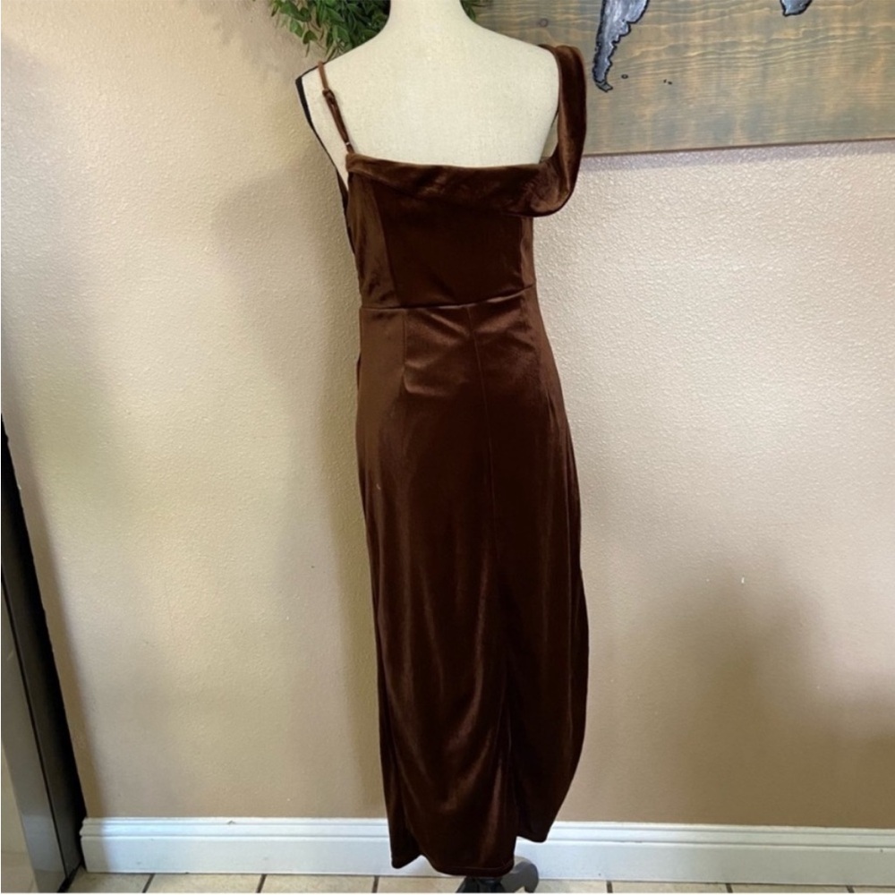 Lulus Showing Off a Little Brown Velvet Asymmetrical Tulip Midi Dress - Picture 7 of 9